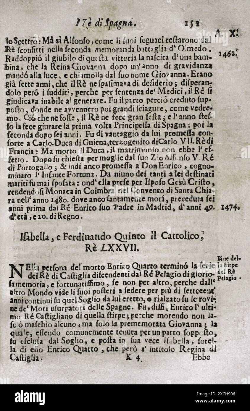 "Mappamondo Istorico". Volume IV parte due. Regni derivanti dal declino e dalla caduta dell'Impero Romano in Occidente. Dal 420 ad al 1692 d.C. Re di Spagna. Isabella (1451-1504) e Ferdinando il Cattolico (1452-1516). Di padre Antonio Foresti (1625-1692), della compagnia di Gesù. Parma, 1710. Autore: Antonio Foresti (1625-1692). Gesuita e storico italiano. Foto Stock
