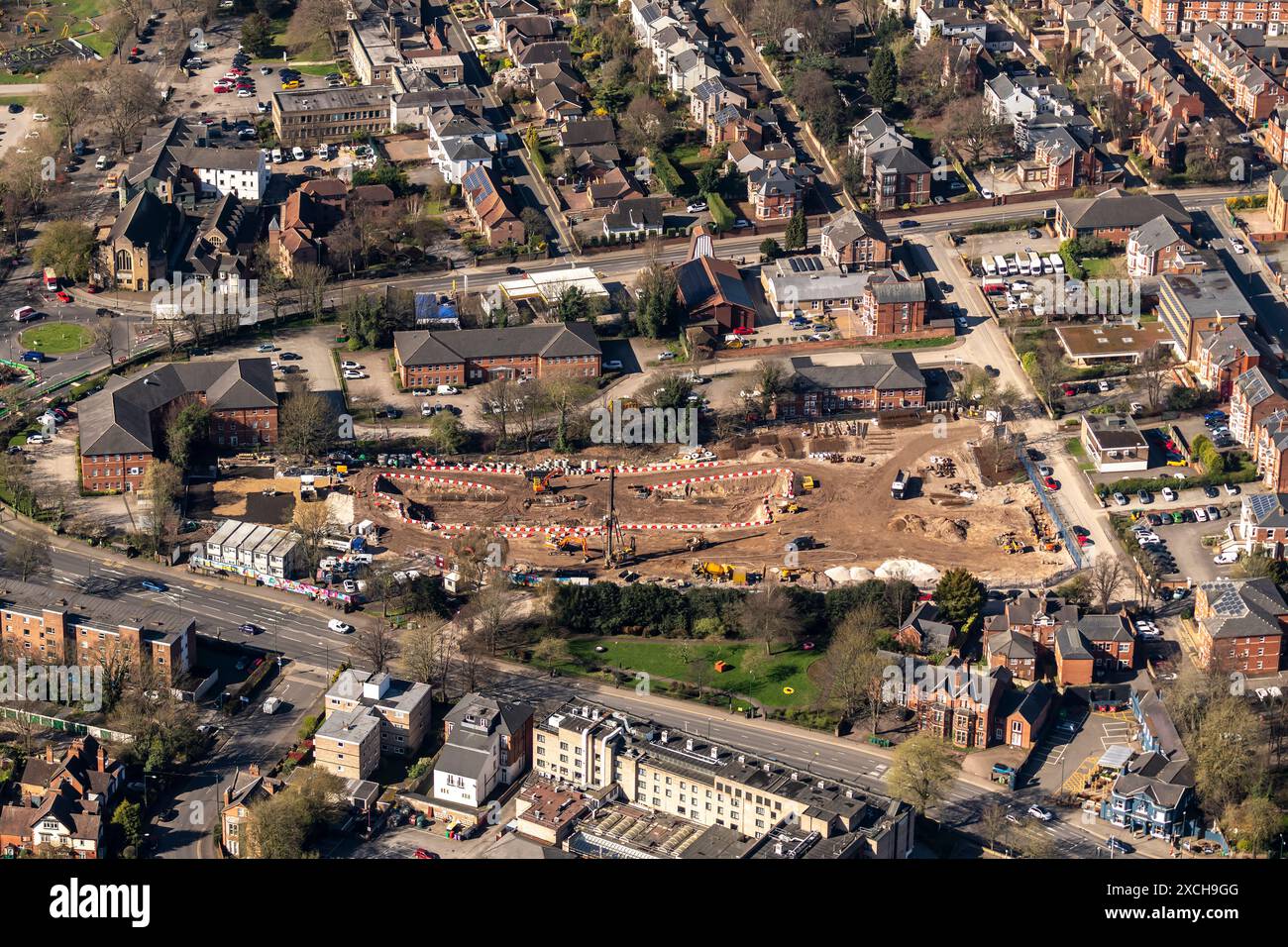 Foto aerea dei lavori di costruzione della Nottingham Bluecoat Trent Academy da 1500 metri che mostrano gli scavi Foto Stock