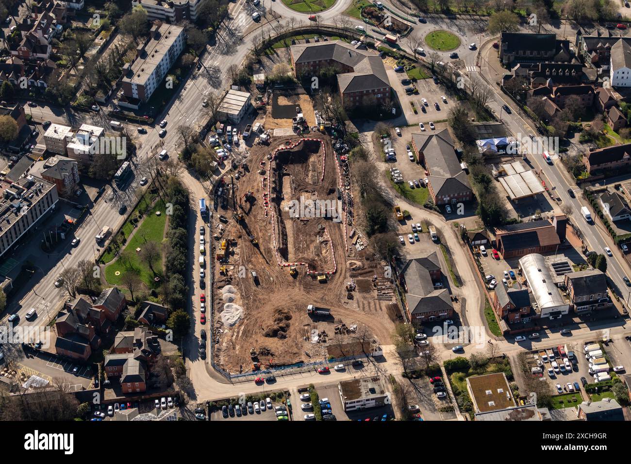 Foto aerea dei lavori di costruzione della Nottingham Bluecoat Trent Academy da 1500 metri che mostrano gli scavi Foto Stock