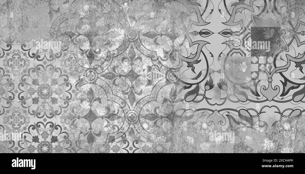sfondo texture tela con motivo islamico .i motivi su pavimento vintage . Vecchio motivo grigio arrugginito vintage logoro patchwork piastrelle pietra cemento Foto Stock