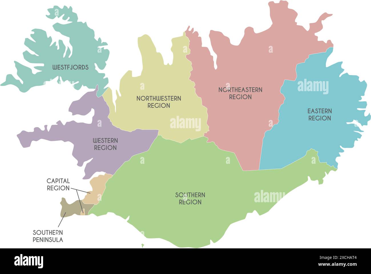 Mappa vettoriale dell'Islanda con regioni e divisioni amministrative. Livelli modificabili ed etichettati in modo chiaro. Illustrazione Vettoriale