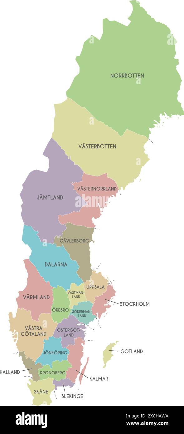 Mappa regionale vettoriale della Svezia con contee e divisioni amministrative. Livelli modificabili ed etichettati in modo chiaro. Illustrazione Vettoriale