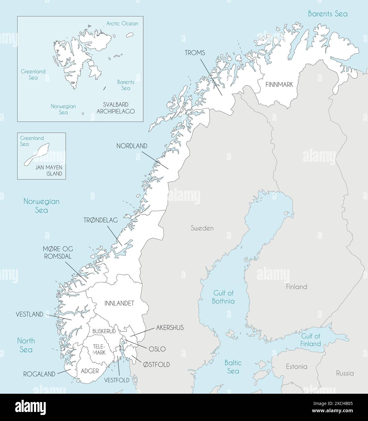 Mappa regionale vettoriale della Norvegia con contee e territori e paesi limitrofi. Livelli modificabili ed etichettati in modo chiaro. Illustrazione Vettoriale