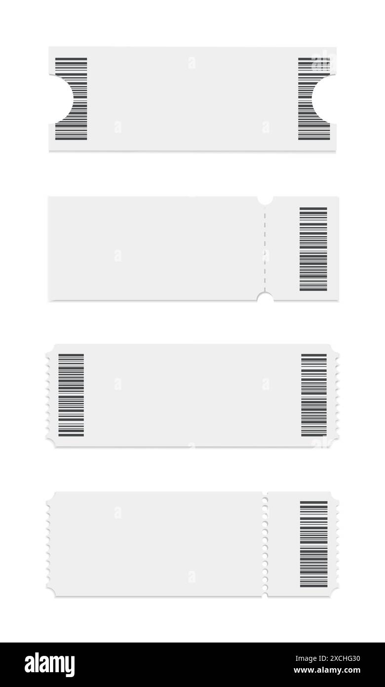 Modello di stub ticket vuoto astratto su sfondo bianco. Mockup ticket in forme diverse con codice a barre. Stile realistico. Illustrazione vettoriale Illustrazione Vettoriale