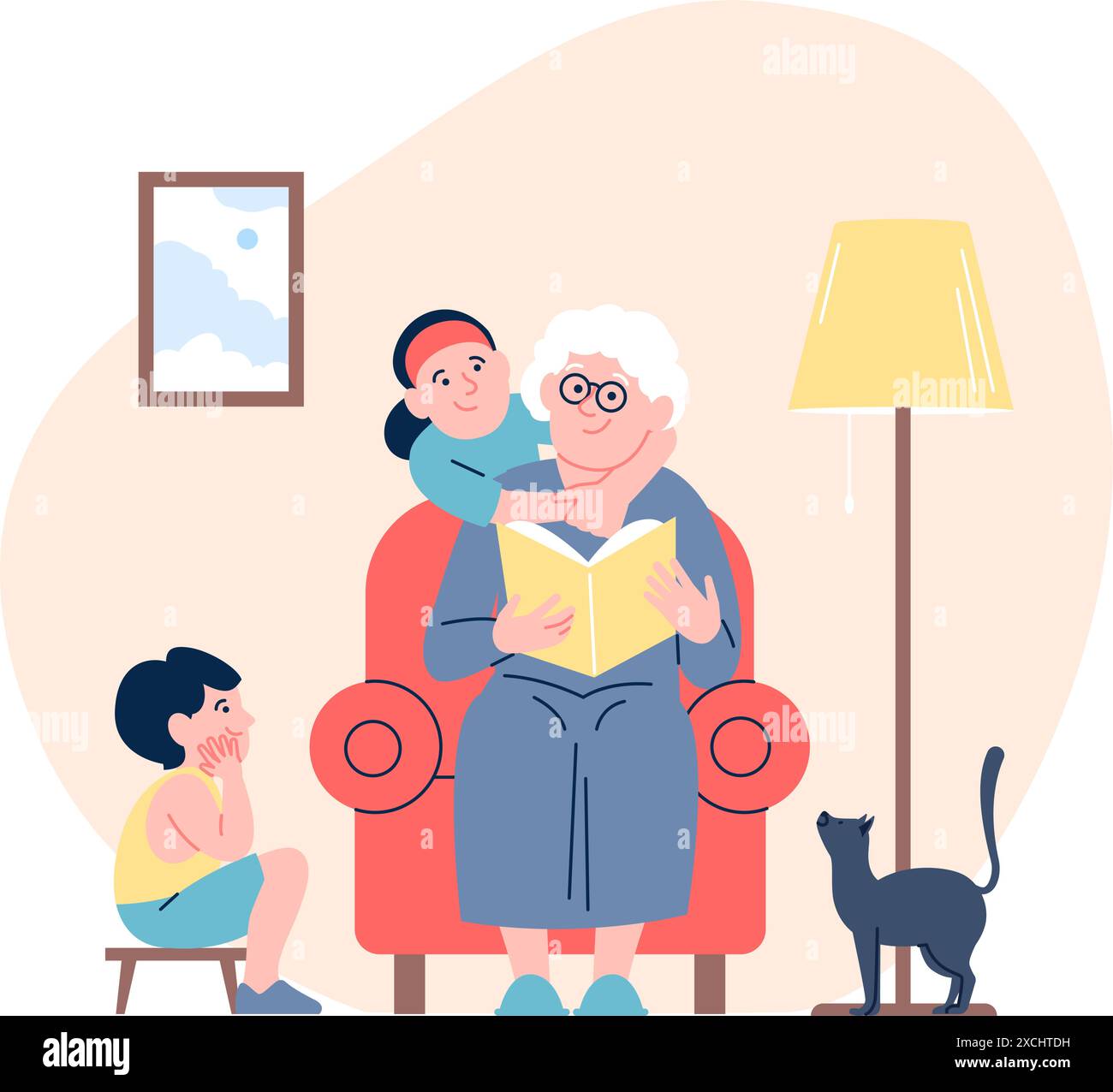 Nonna che legge un libro, nipoti. Anziana e divertente tata per ragazzi e ragazze. Serata accogliente in famiglia con nonna, relazioni gentili, scena vettoriale recente Illustrazione Vettoriale