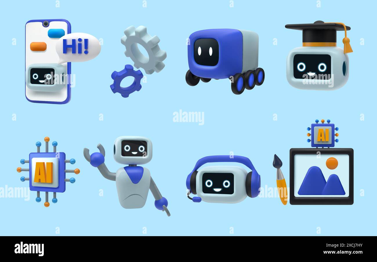 Robot chatbot. Assistente android 3D. App mobile. Carattere di supporto AI. Ingranaggi della ruota dentata del computer e hardware microchip. Cyborg intelligente con intelligenza artificiale. Chat GPT. Set di elementi di rendering vettoriale Illustrazione Vettoriale
