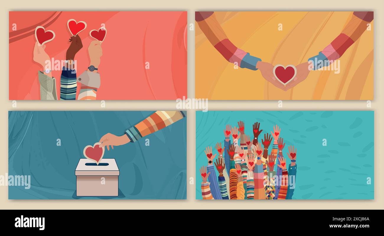 Banner - poster con cuore di tenuta. Scatola per donazioni. copertina modificabile - modello. Donazione di carità e solidarietà. Campagna di volontariato. Illustrazione Vettoriale