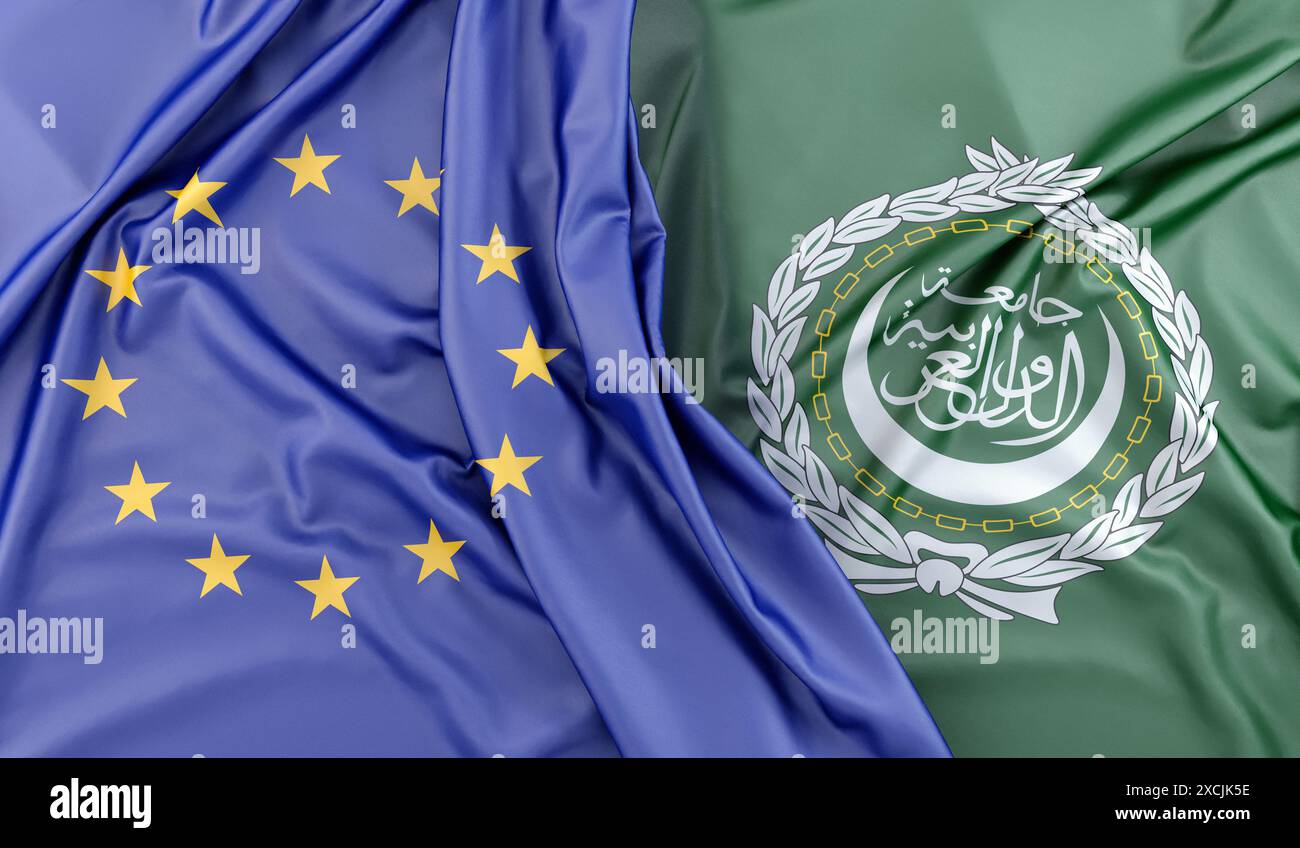 Le bandiere dell'Unione europea e della Lega araba scorrono insieme. Rendering 3D. Foto Stock