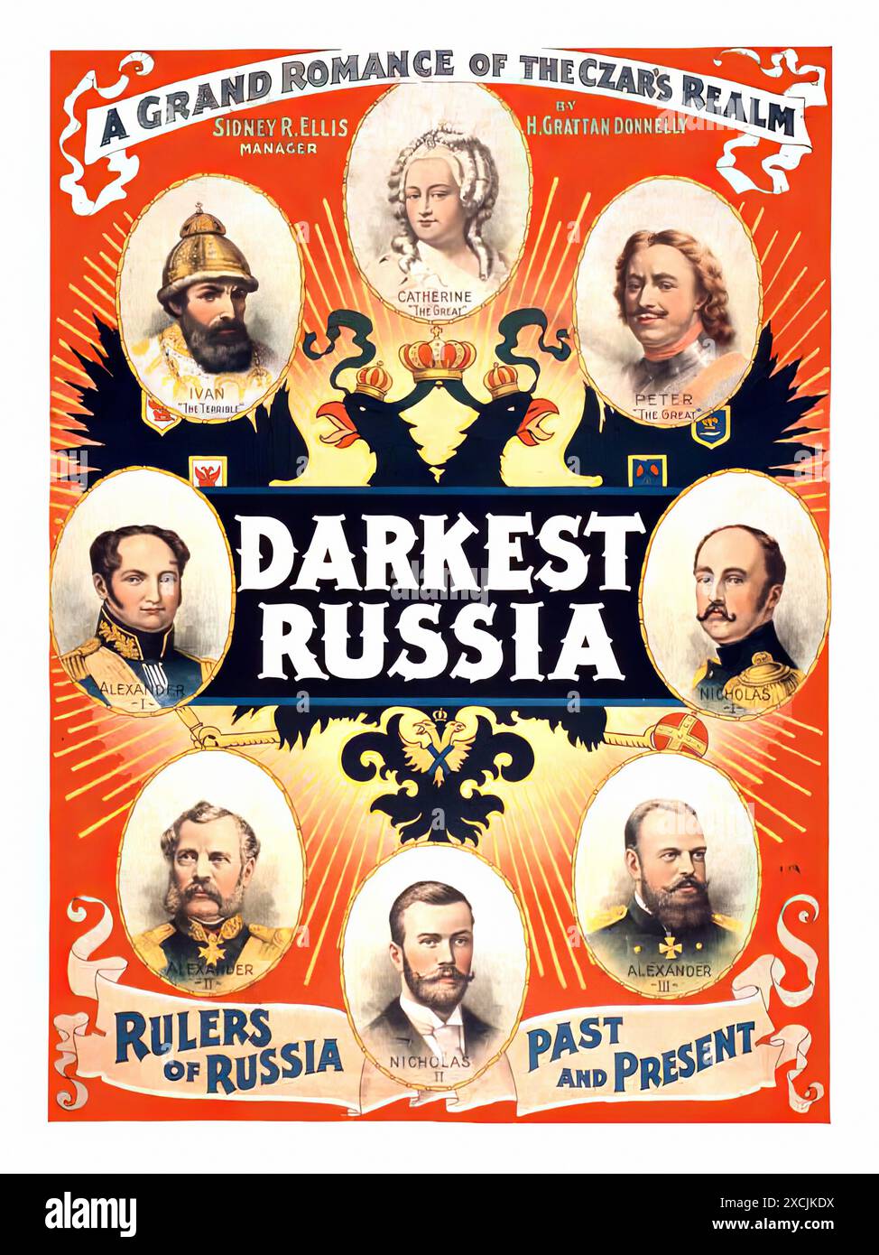 La Russia più oscura, Un grande romanzo del regno dello zar, governanti della Russia, passato e presente. - Poster con stampa pubblicitaria d'epoca Foto Stock