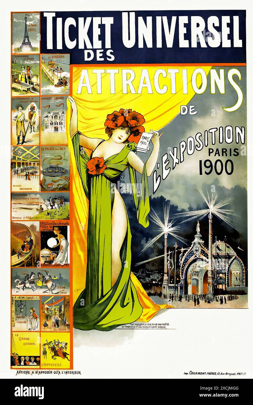 Biglietto Universel des Attractions de l'Exposition Paris, 1900. - Poster di viaggio d'epoca Foto Stock