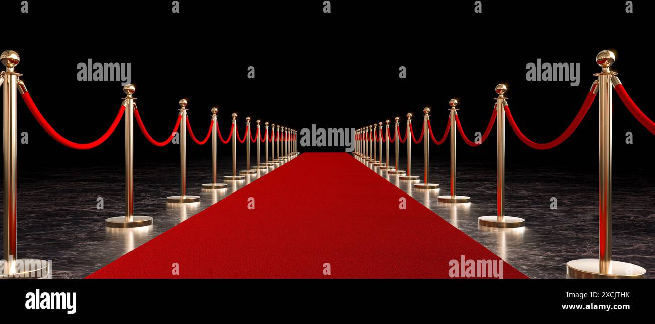 Tappeto rosso tra i gradini dorati che conducono l'evento vip con sfondo scuro in 3d. Foto Stock