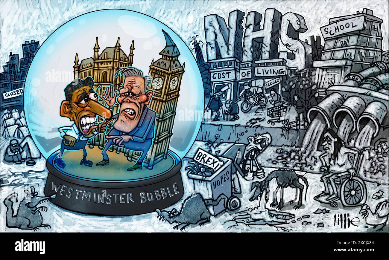 Art Rishi Sunak e Keir Starmer combattono nella bolla di Westminster, fuori dalle crollate del NHS, fognature in acqua, le scuole crollano i politici ignorano i veri problemi Foto Stock