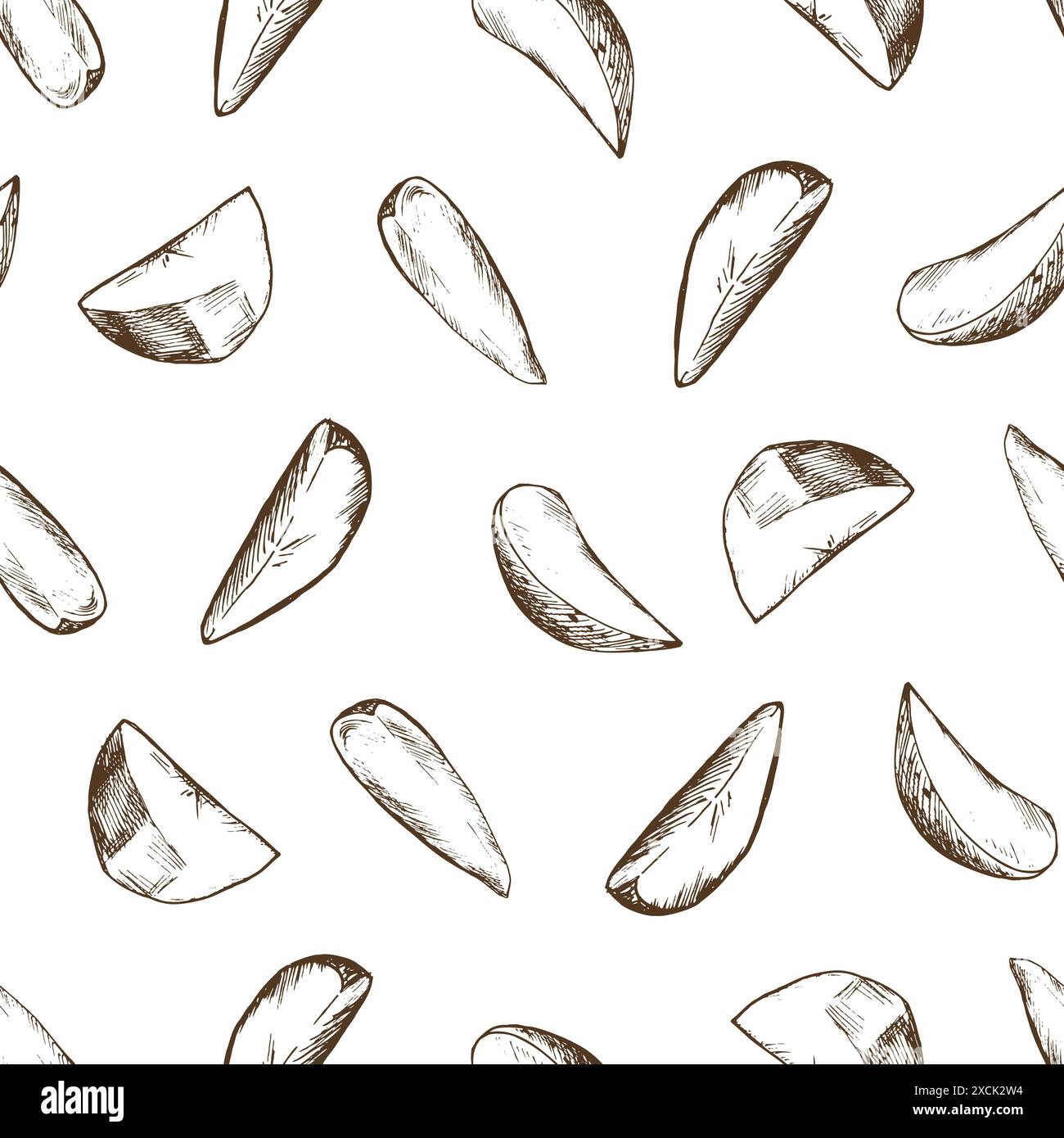 Patate bianche con buccia marrone e sbucciate, tagliate a fette. Illustrazione grafica disegnata a mano con inchiostro marrone. Vettore EPS pattern senza cuciture sul tema di Illustrazione Vettoriale