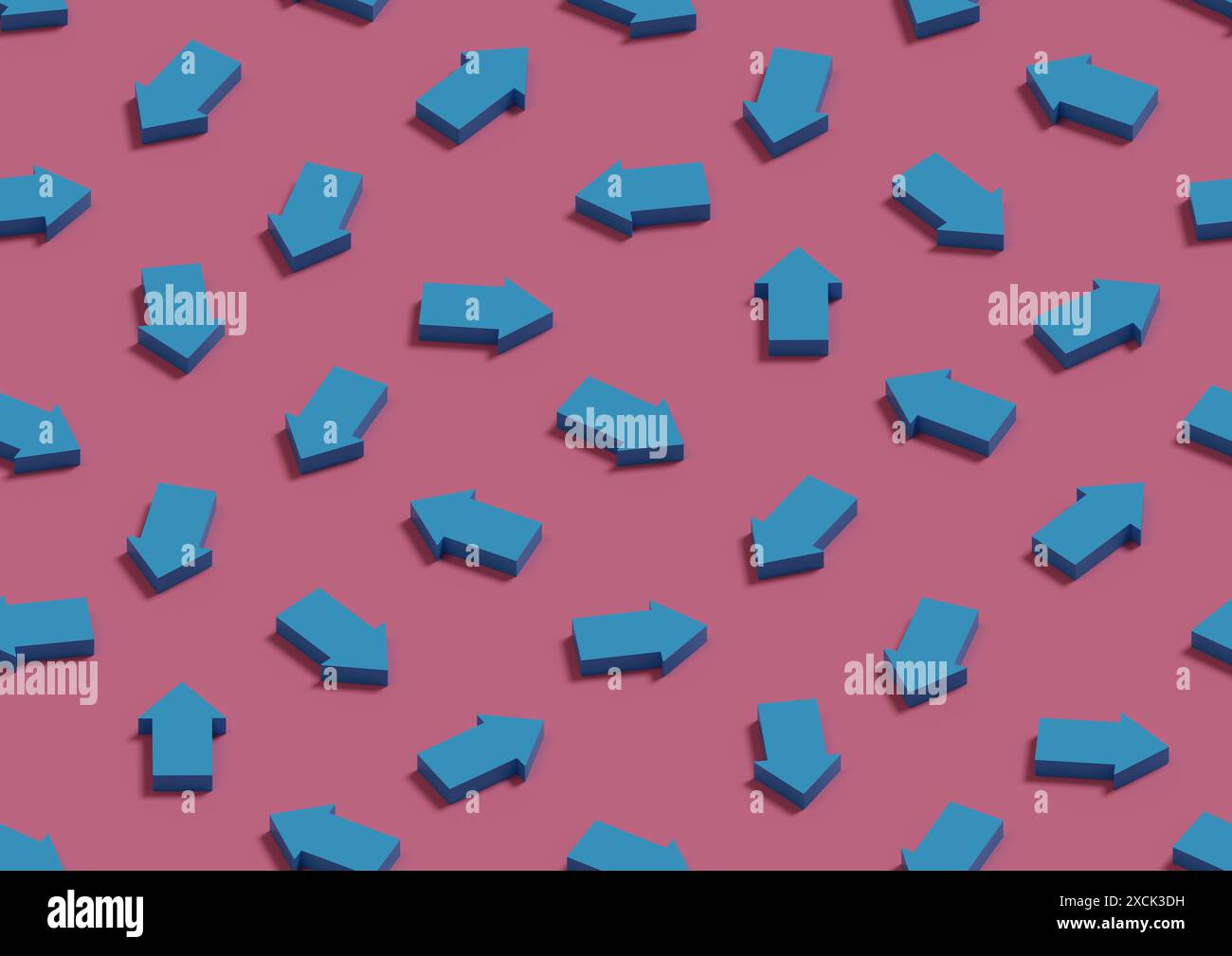 Ripetizione isometrica continua di frecce blu in direzioni diverse. illustrazione 3d. Foto Stock