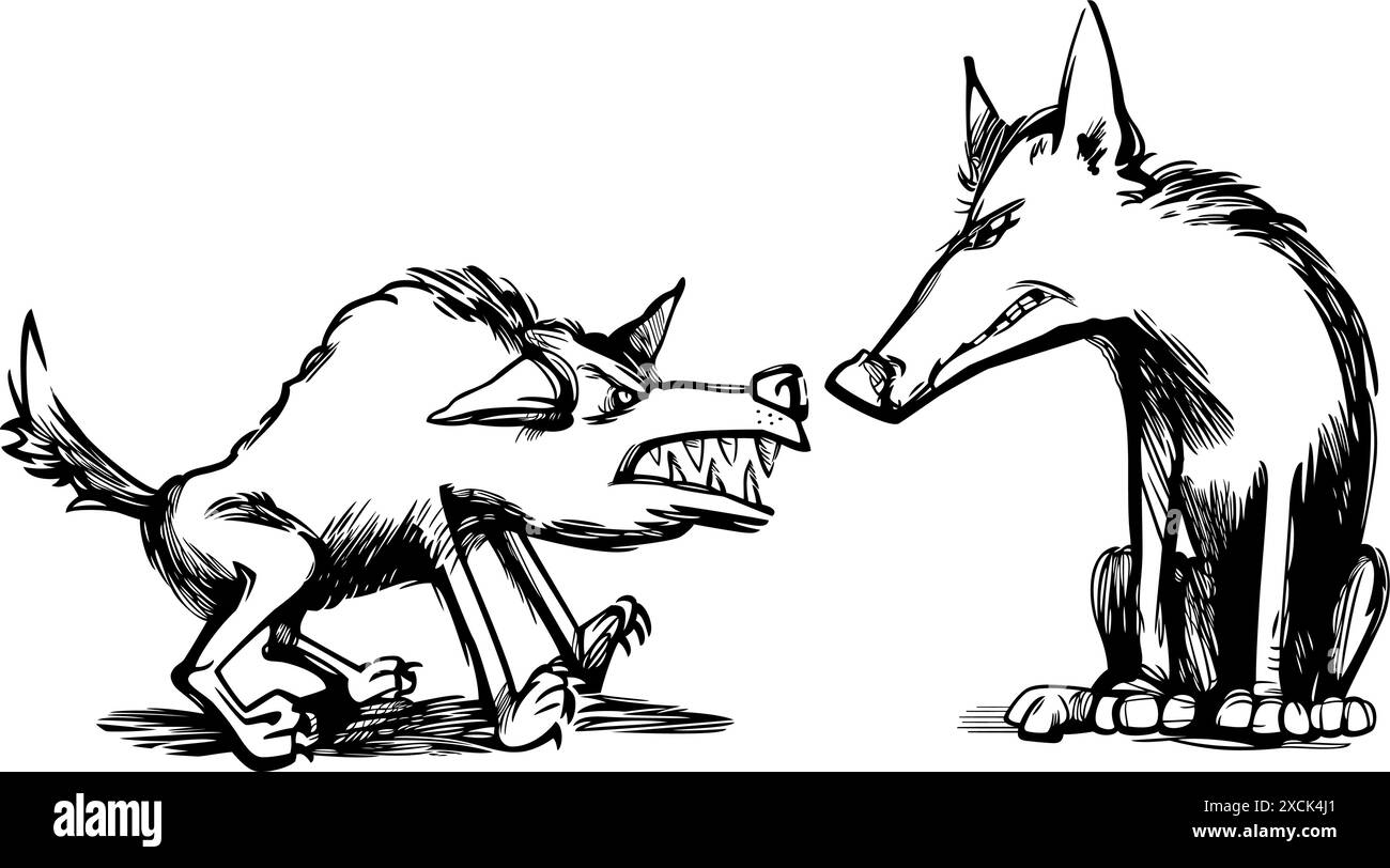 illustrazione di due lupi arrabbiati che si macchiano i denti Illustrazione Vettoriale