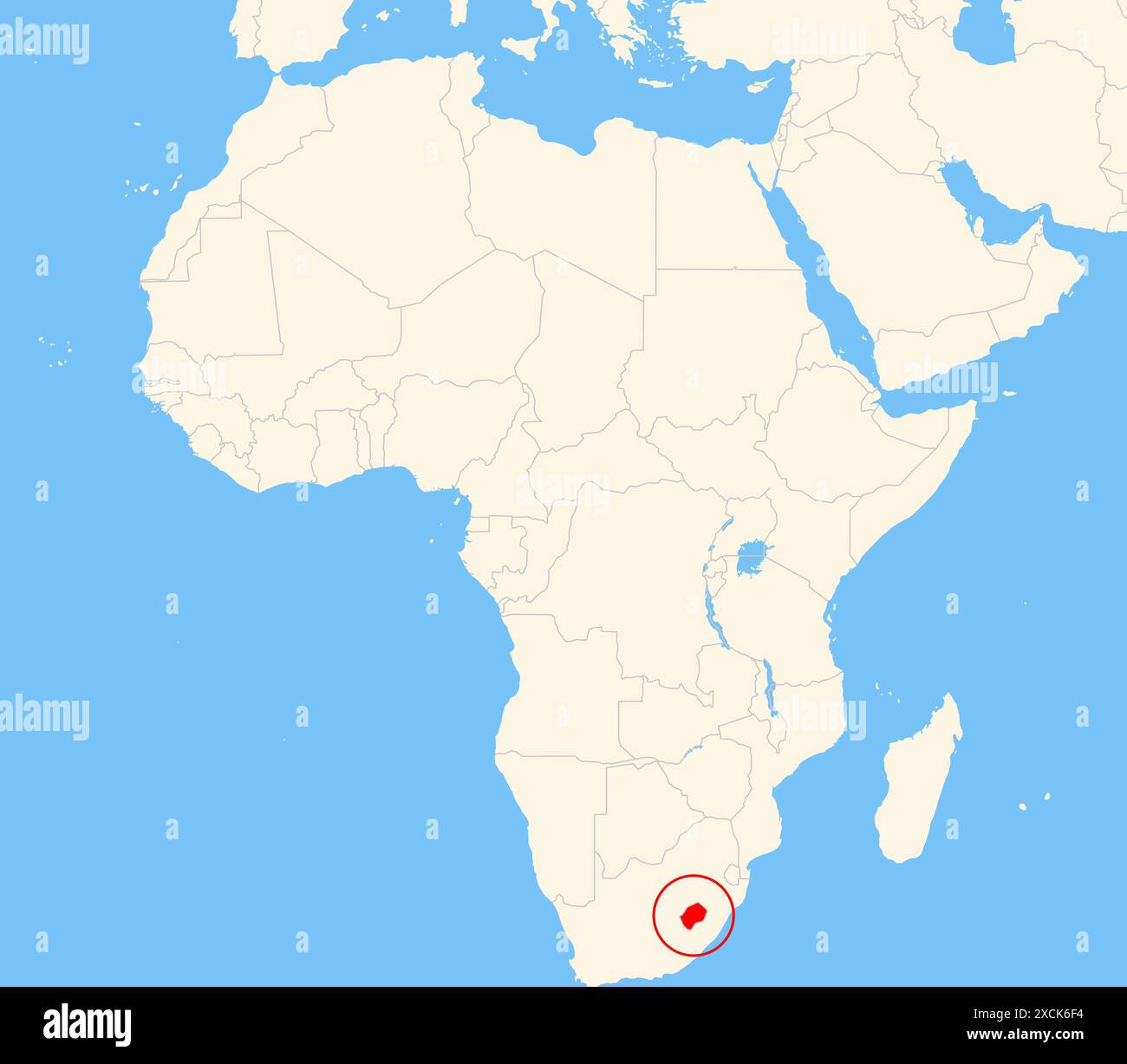Mappa di localizzazione che mostra la posizione del paese Lesotho in Africa. Il paese viene evidenziato con un poligono rosso. Anche i paesi piccoli sono contrassegnati con Foto Stock