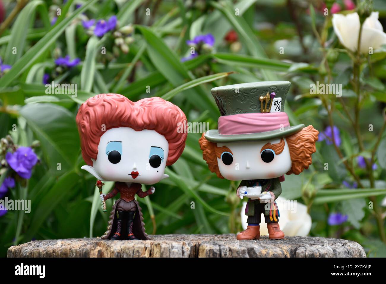 Funko Pop action figure di Red Queen e Mad Hatter del film di Tim Burton Alice nel paese delle meraviglie. Fiori blu e bianchi, giardino favoloso, ceppo di legno. Foto Stock