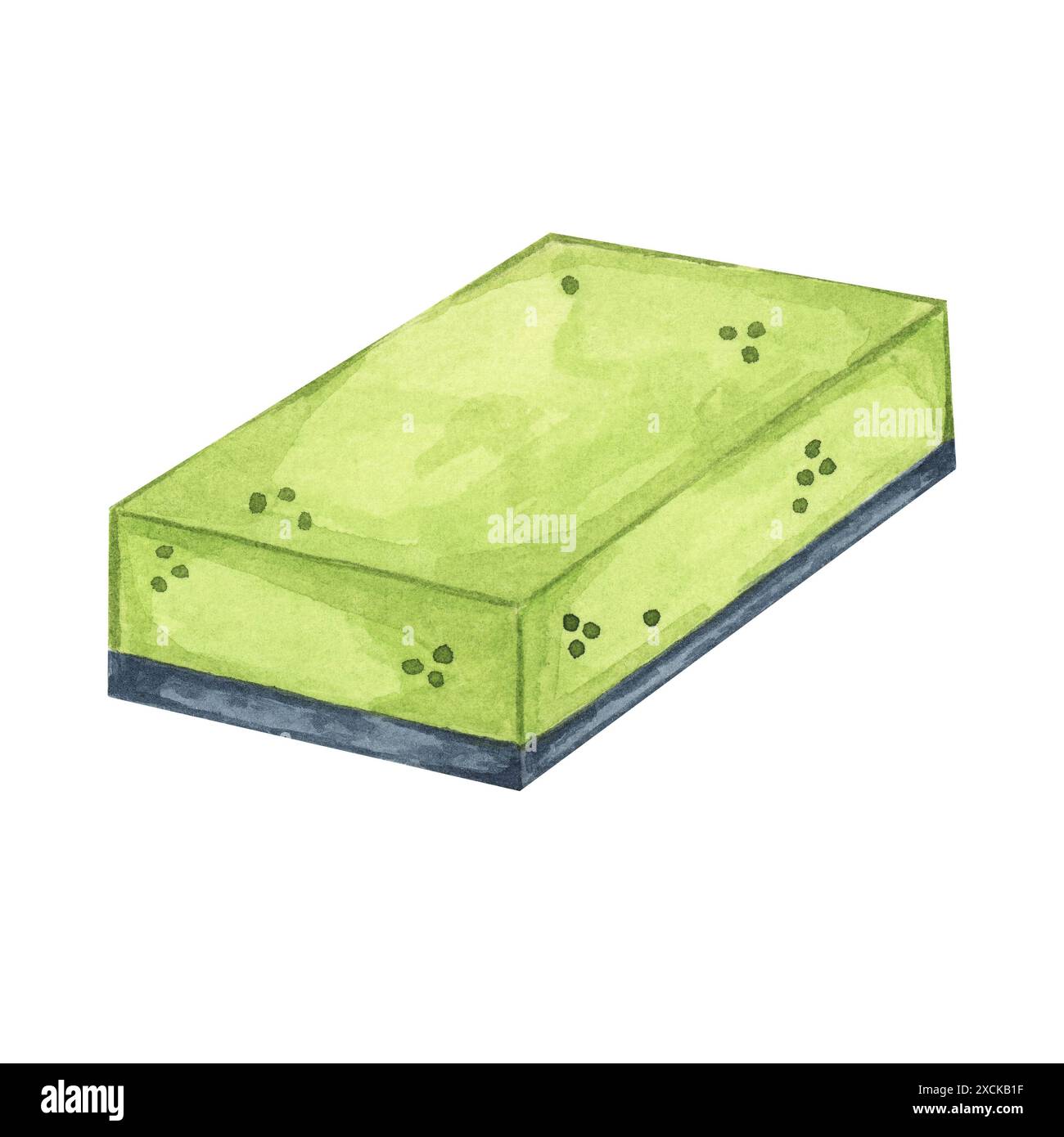 Spugna verde con paglietta grigia in acquerello. Spugna per lavaggio per piatti, piani di lavoro e altre superfici. Clipart per servizi di pulizia, servizi di pulizia, adesivi, imballaggi, volantini Foto Stock