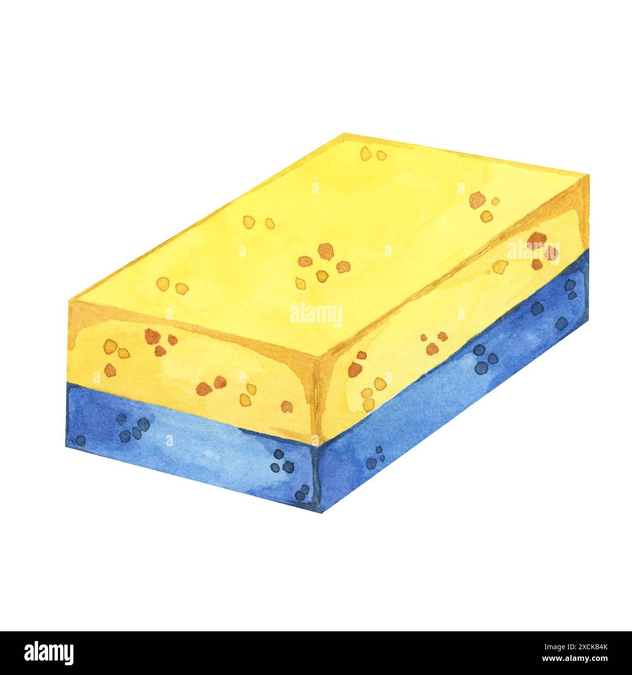 Spugna blu e gialla per il bagno in acquerello. Spugnetta per lavaggio per piatti, piani di lavoro, lavello e altre superfici. Clipart per servizi di pulizia, servizi di pulizia, adesivi, imballaggi, volantini Foto Stock