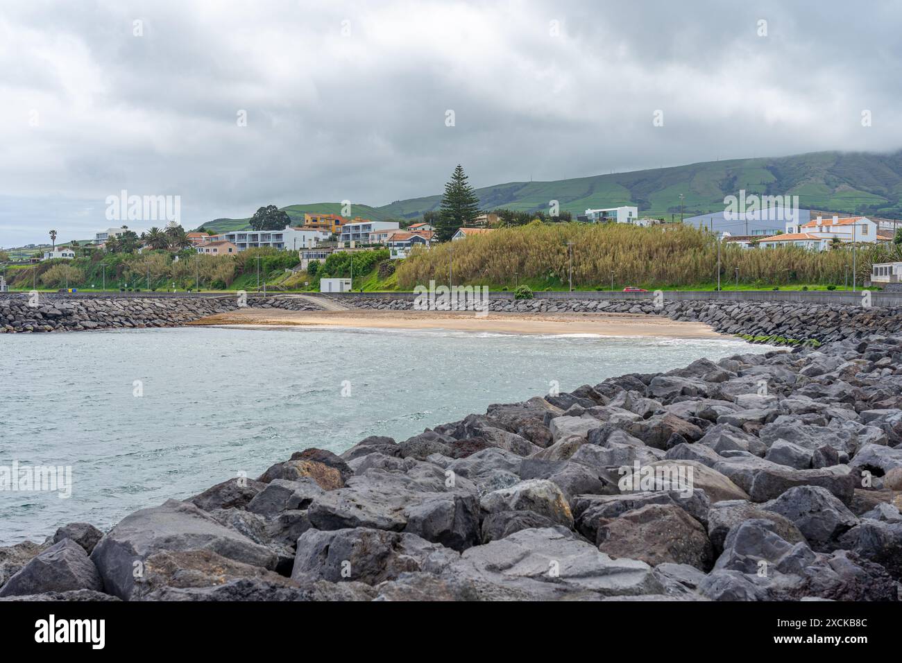 Vista panoramica della baia di Praia grande su Praia da Vitoria. Isola di Terceira-Azzorre-Portogallo. Foto Stock