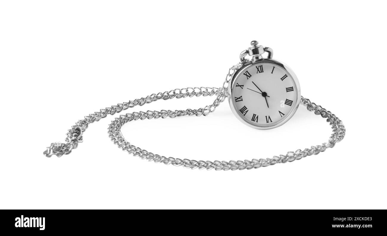 Un orologio tascabile argento isolato su bianco Foto Stock