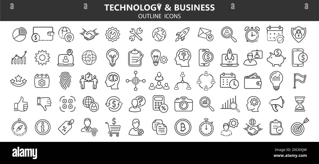 Set di icone di business e tecnologia icone di linea vettoriale. Grafica vettoriale. Illustrazione Vettoriale