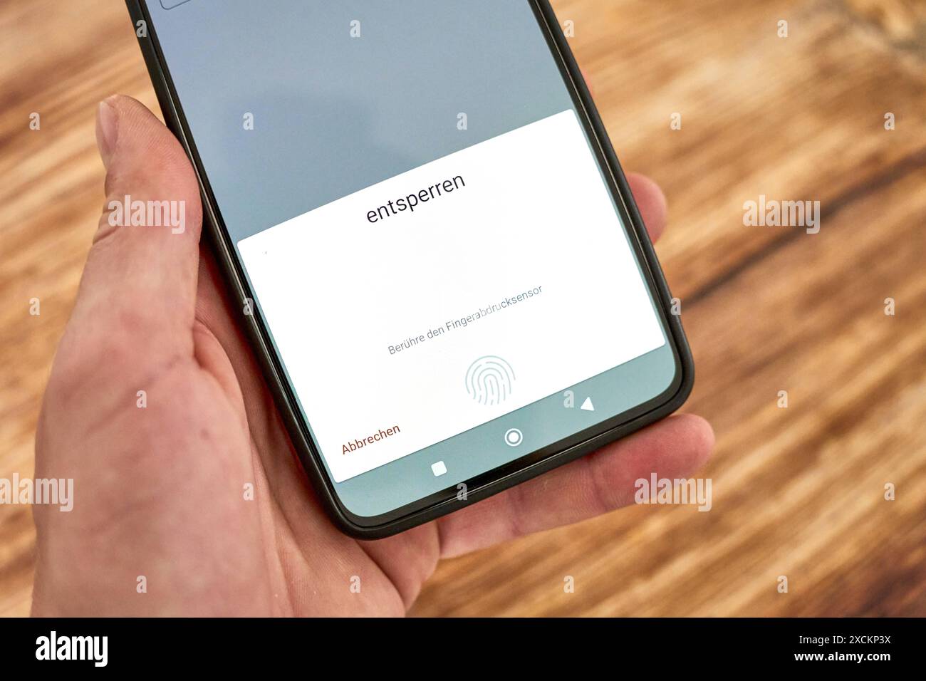 Germania - 17 giugno 2024: Smartphone o telefono cellulare desidera lo sblocco biometrico tramite impronta digitale, utilizzando il sensore di impronte digitali. Concetto di sicurezza dello smartphone e protezione dei dati personali tramite app. *** Smartphone, bzw. Pratico möchte biometrische Entsperrung tramite Fingerabdruck, über den Fingerabdrucksensor. Konzept Sicherheit eines smartphone e Schutz persönlicher Daten über Apps. Foto Stock