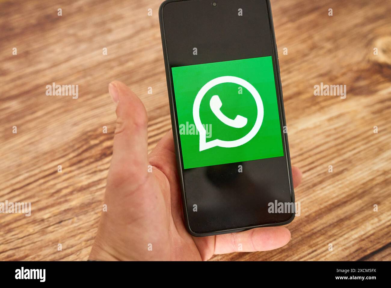 Germania - 17 giugno 2024: Logo dell'applicazione WhatsApp, o simbolo verde dell'App Messanger, su un telefono cellulare o smartphone. *** Logo WhatsApp Anwendung, bzw. Grünes Symbol des App Messangers, auf einem Mobiltelefon, bzw. Smartphone. Foto Stock