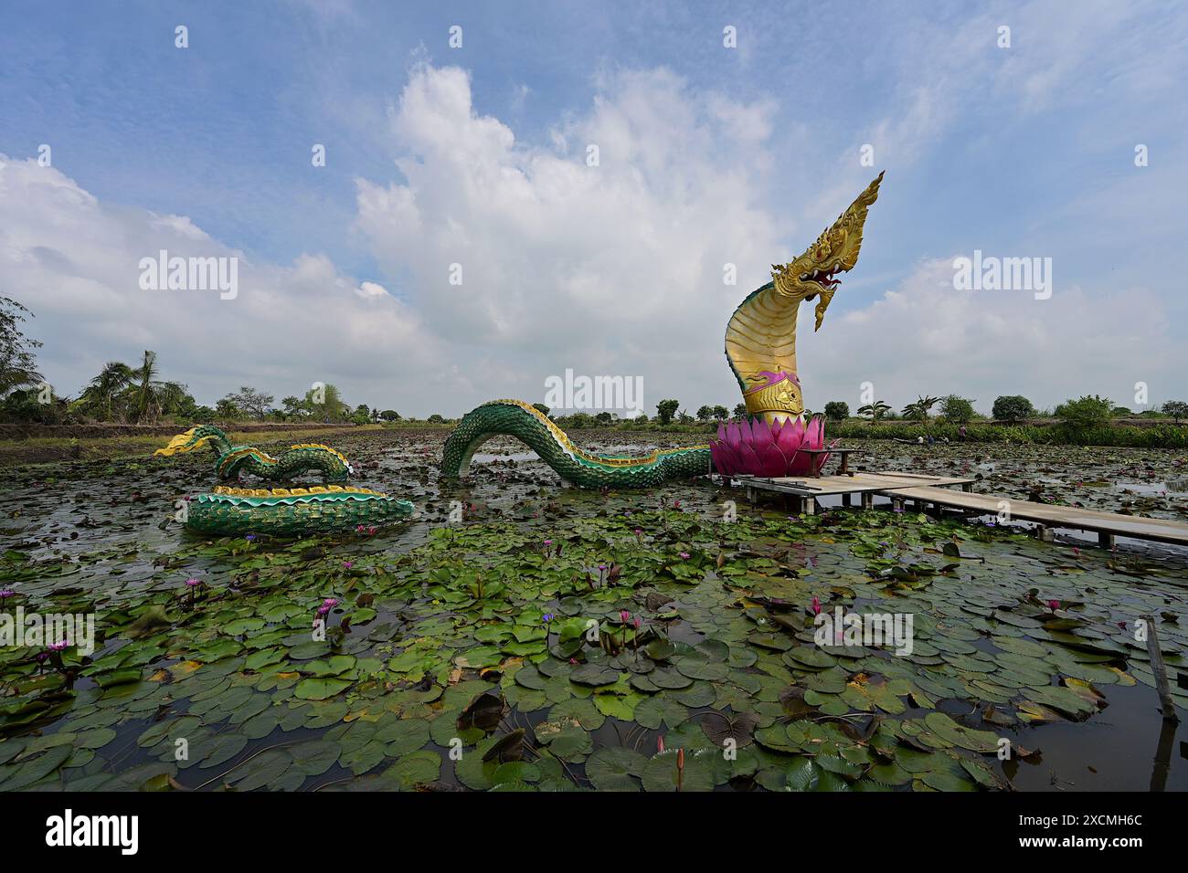Grande scultura di una colorata Naga gigante che si innalza da un loto proveniente da uno stagno paludoso, in Thailandia Foto Stock