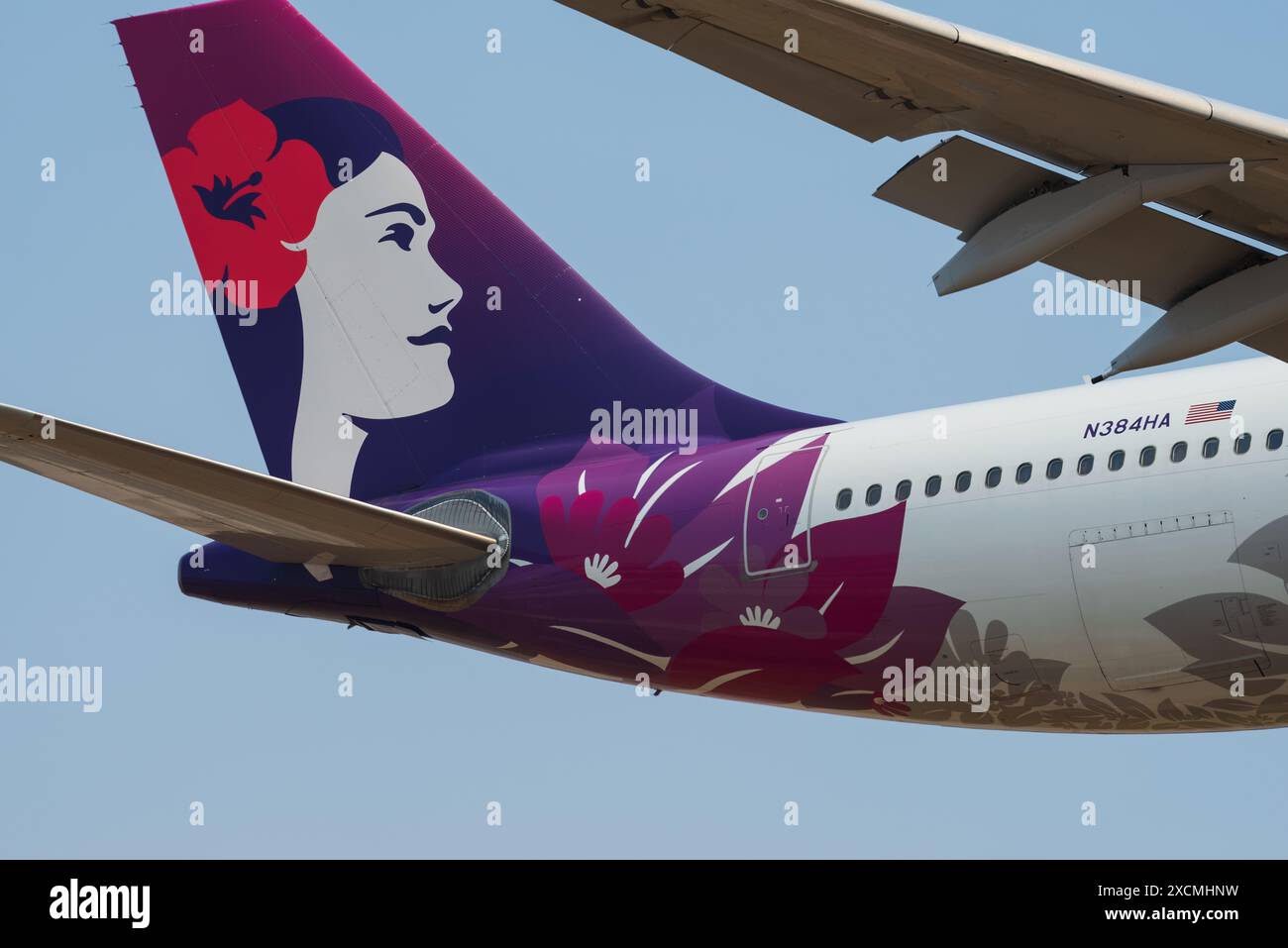 L'aeromobile Airbus A330-200 Hawaiian Airlines è stato mostrato poco prima di atterrare all'aeroporto internazionale di Los Angeles. Coda di un aereo, il 16 giugno 2024. Foto Stock