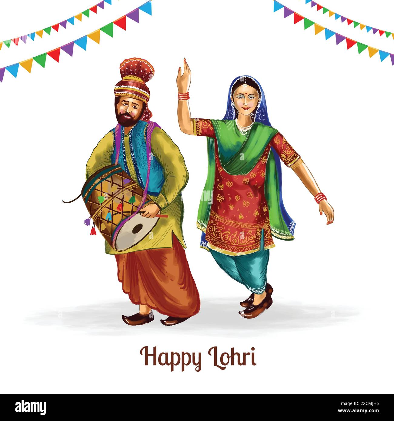 Festa indiana punjabi di festa lohri ballare coppia background Illustrazione Vettoriale