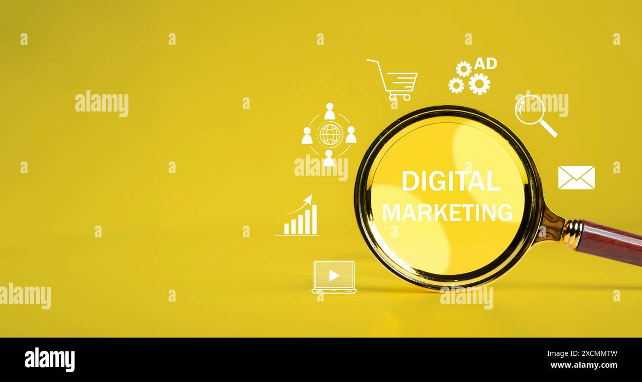 Icone di marketing digitale per il concetto di vendita online di marketing digitale, annuncio sul sito Web, e-mail, social network, video, SEO e strategia aziendale. Foto Stock