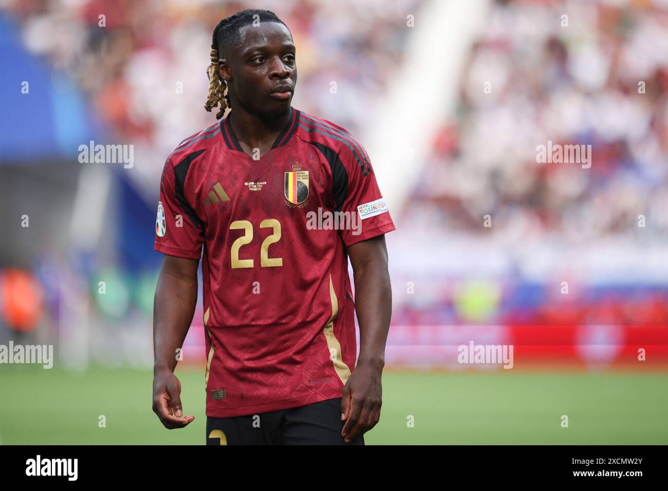 Francoforte sul meno, Germania. 17 giugno 2024. Il belga Jérémy Doku viene visto durante la partita a gironi della fase e del Campionato europeo di calcio UEFA EURO 2024 tra Belgio e Slovacchia all'Arena di Francoforte. Punteggio finale : Slovacchia 1 : 0 Belgio credito: SOPA Images Limited/Alamy Live News Foto Stock