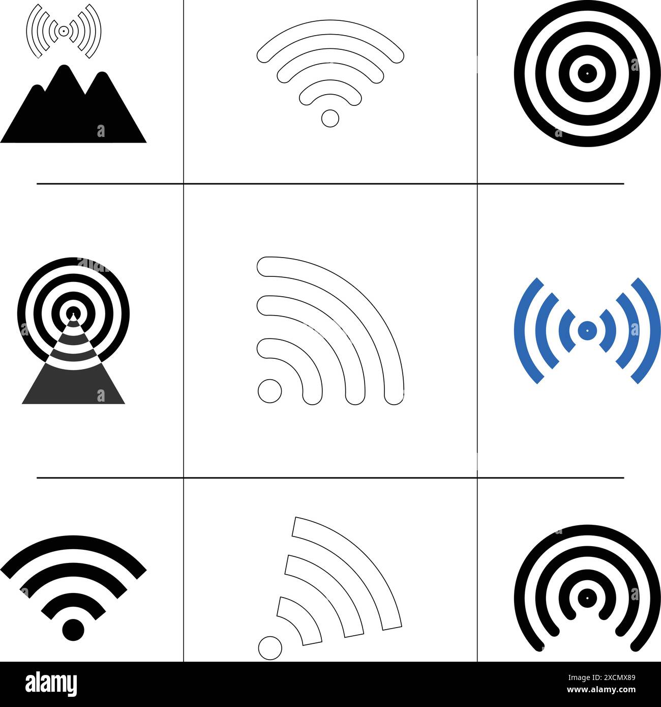 Comunicazione onde radio. Set di icone Web del segnale wireless. Segnale zona WiFi Illustrazione Vettoriale