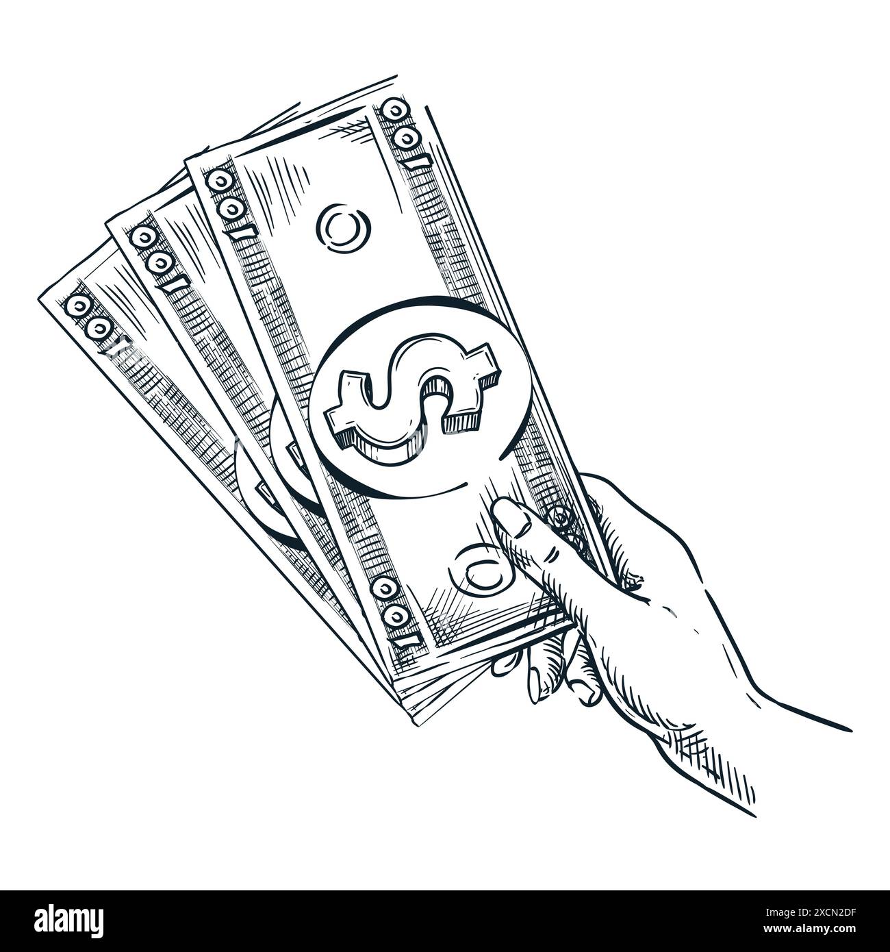 Mano umana che tiene una banconota in moneta cartacea. Illustrazione dello schizzo disegnato a mano vettoriale. Icona di finanza aziendale, isolata su sfondo bianco. pa. Bancaria Illustrazione Vettoriale