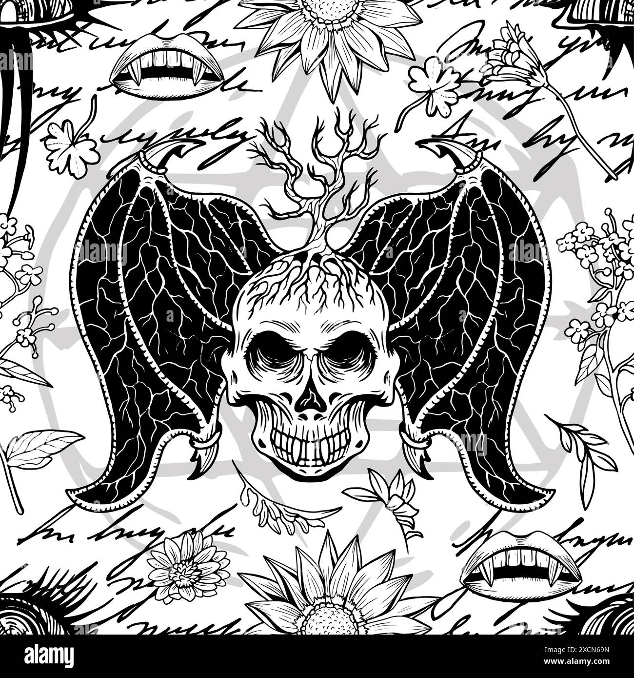 Motivo senza cuciture con oggetti mistici disegnati a mano e simboli di demoni ed erbe spaventose. Esoterico, Halloween e occulto Illustrazione Vettoriale