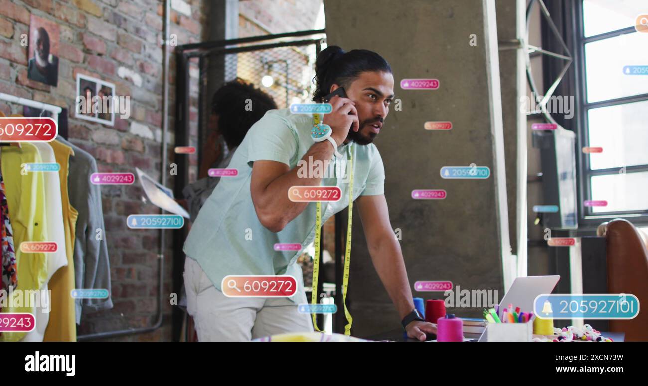 Immagine delle icone dei social media sull'uomo d'affari birazziale Foto Stock