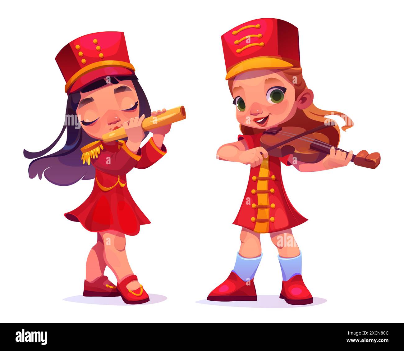 Ragazze della band parata che suonano flauto e violino isolati su sfondo bianco. Illustrazione vettoriale di bambini felici in uniforme rossa che si esibiscono in concerto con strumenti musicali, festival d'arte Illustrazione Vettoriale