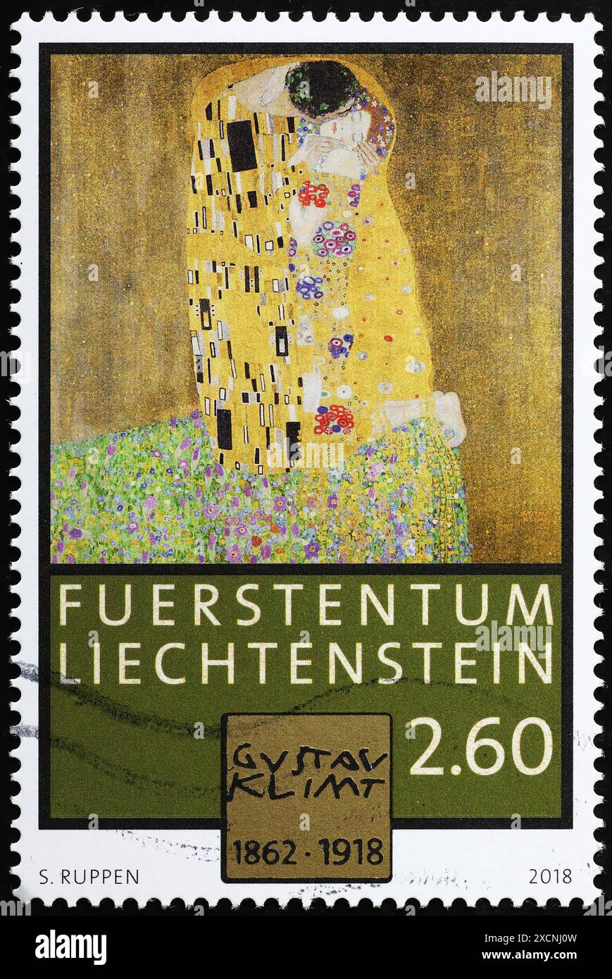 Il bacio di Gustav Klimt sul francobollo del Liechtenstein Foto Stock