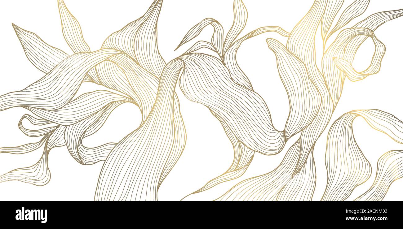 Motivo a foglia d'oro vettoriale. Carta da parati floreale di lusso, illustrazione botanica art deco. Decorazioni tropicali di palme, striscioni dalla linea esotica di alta qualità, giapponesi Illustrazione Vettoriale