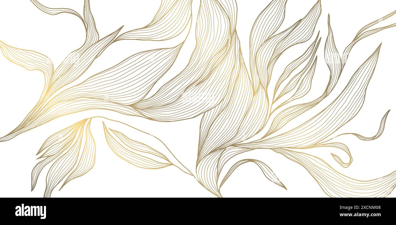 Motivo a foglia d'oro vettoriale. Carta da parati floreale di lusso, illustrazione botanica art deco. Decorazioni tropicali di palme, striscioni dalla linea esotica di alta qualità, giapponesi Illustrazione Vettoriale