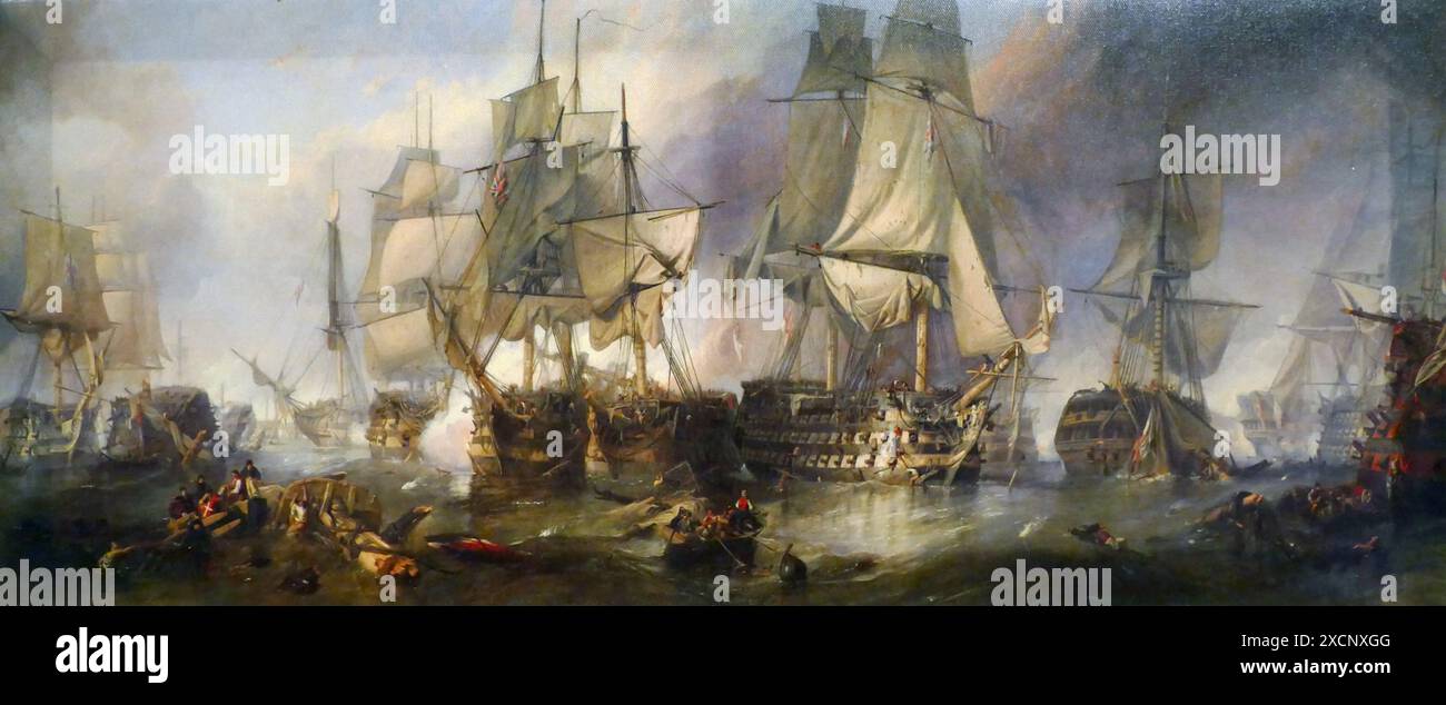Pittura intitolato "La Battaglia di Trafalgar nel 1805' dal Clarkson Frederick Stanfield (1793-1867) un inglese un pittore marino. Datata del XIX secolo Foto Stock