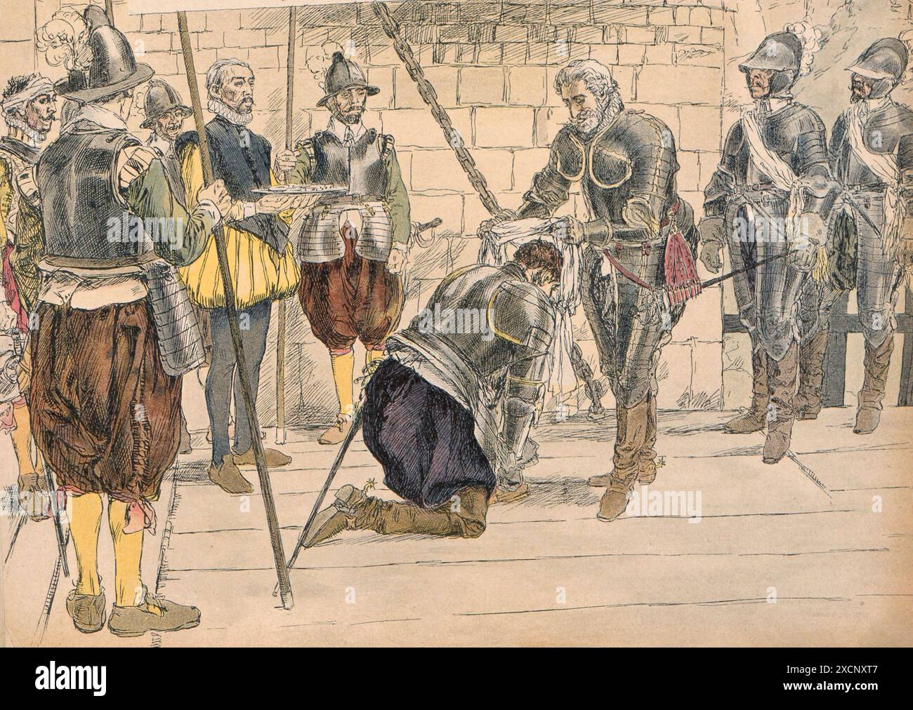 Re Enrico IV entra a Parigi il 22 marzo 1594. Il re consegnò la sua fascia bianca a Charles de Cossé, conte di Brissac, governatore di Parigi, e lo nominò maresciallo di Francia. Al suo fianco c'è Jean Luillier, il Provosto dei Mercanti di Parigi, che porta un vassoio su cui sono le chiavi della città. Illustrazione di Hermann Vogel pubblicata su 'Henri IV', scritta da Georges Montorgueil e pubblicata da Boivin nel 1907. Foto Stock