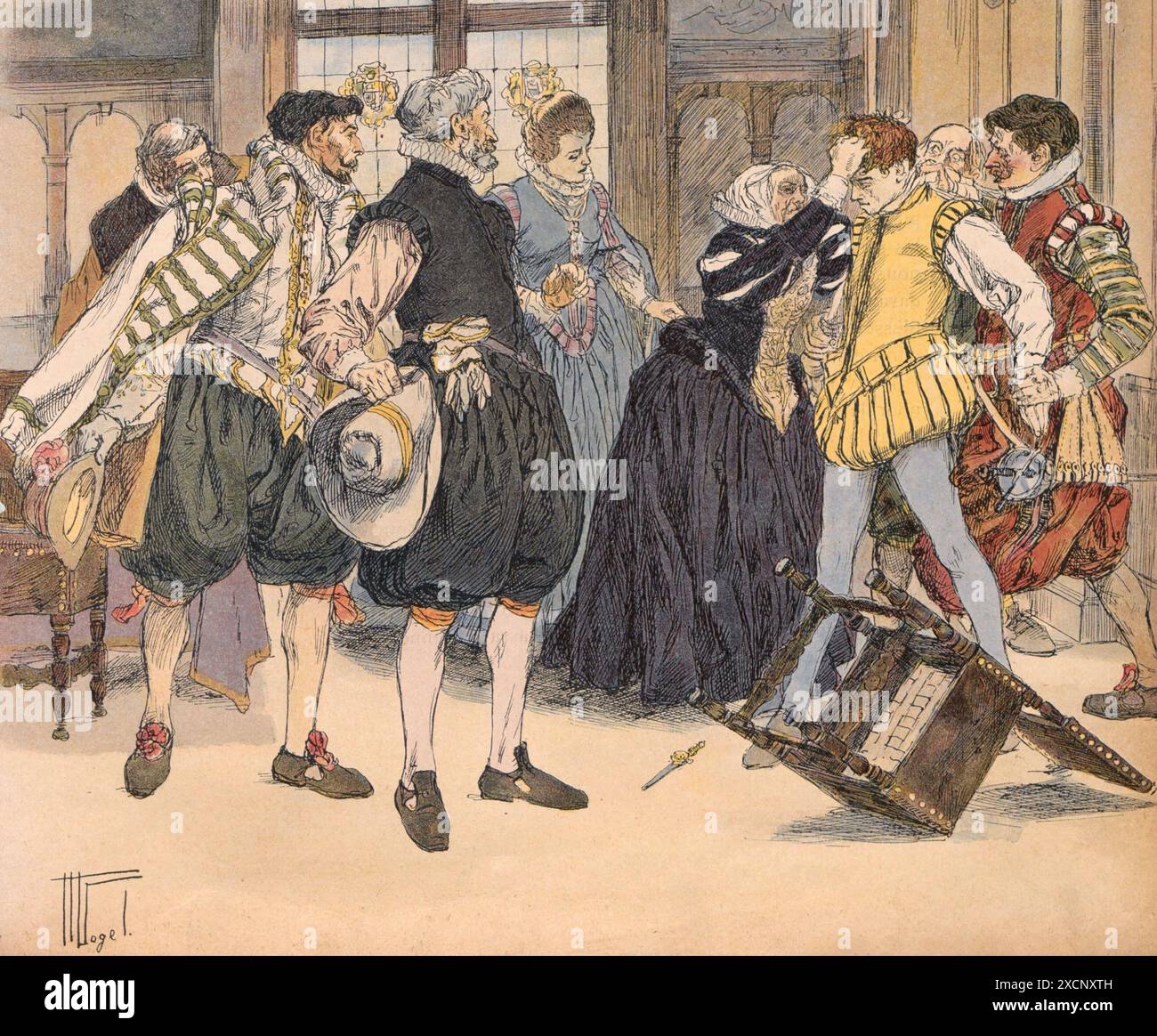 Tentato assassinio di re Enrico IV da parte di Jean Châtel, fervente cattolico, il 27 dicembre 1594. Illustrazione di Hermann Vogel pubblicata su 'Henri IV', scritta da Georges Montorgueil e pubblicata da Boivin nel 1907. Foto Stock