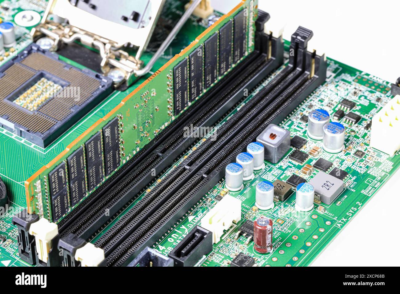 Riparazione di workstation o server di computer, installa l'apparecchiatura - memoria ECC ( RAM ) inserimento bloccato, concetto di riparazione computer Vista ravvicinata, hardware. Foto Stock