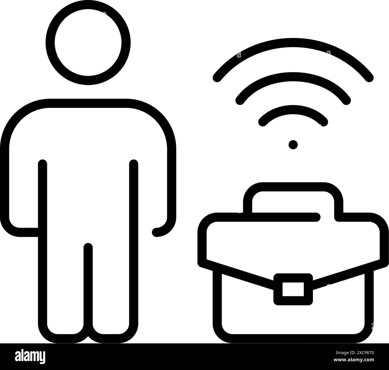 Persona di lavoro, valigetta e simbolo wi-fi. Viaggi di lavoro, mobilità personale e nomadi digitali. Icona Pixel Perfect Illustrazione Vettoriale