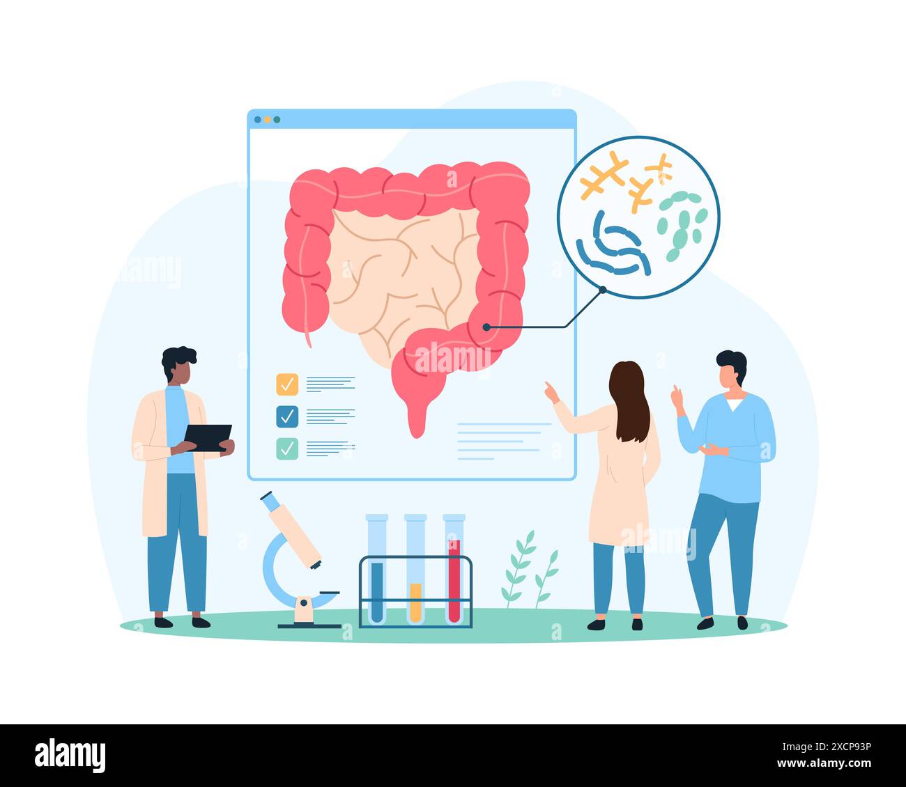 Batteri buoni nell'intestino, microflora sana del tratto gastrointestinale e immunità. Piccole persone studiano lactobacillus all'interno dell'intestino umano grande, prebiotici e probiotici illustrazioni vettoriali di cartoni animati Illustrazione Vettoriale