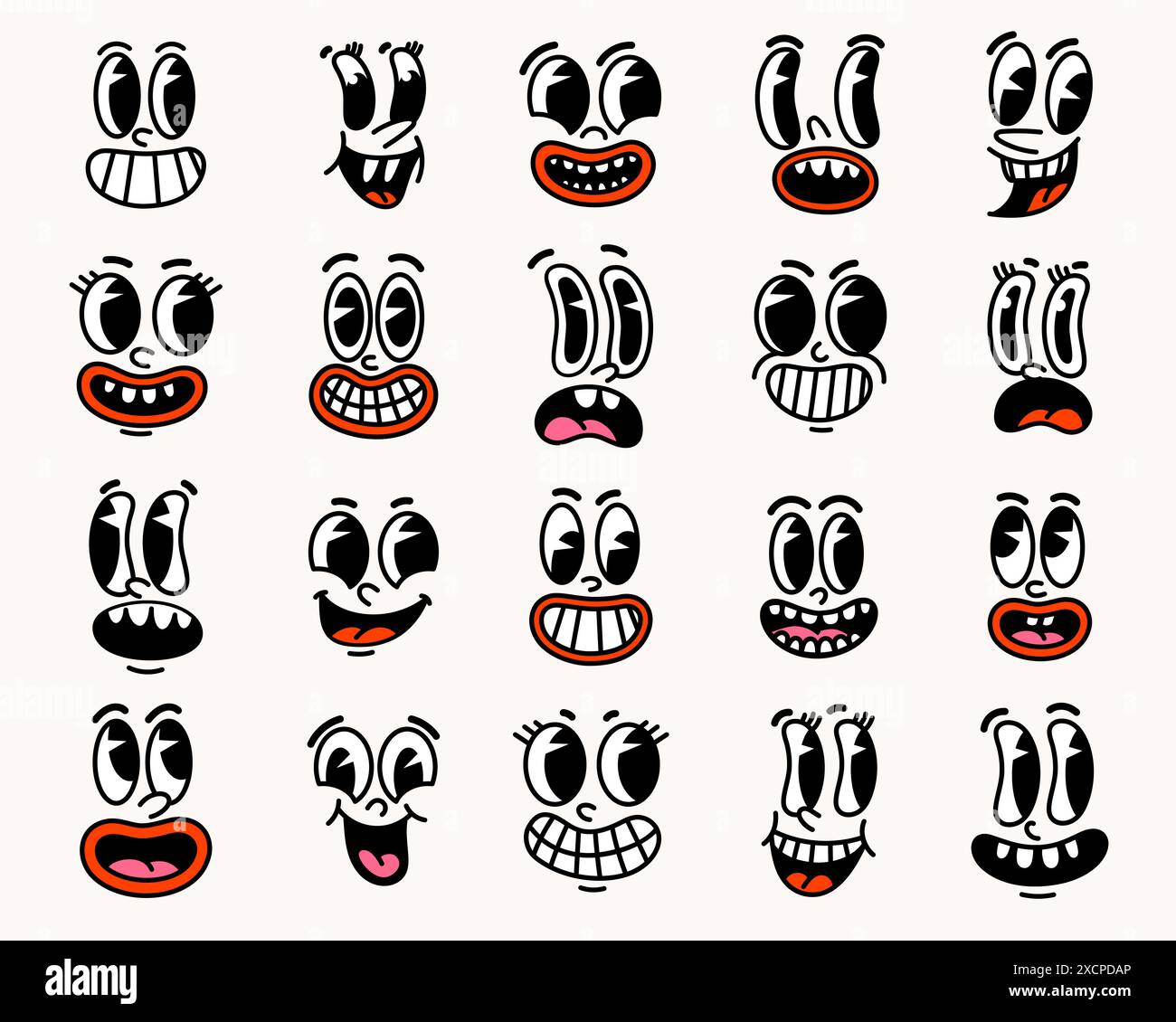 Personaggi dei cartoni animati retrò volti divertenti. Illustrazione Vettoriale