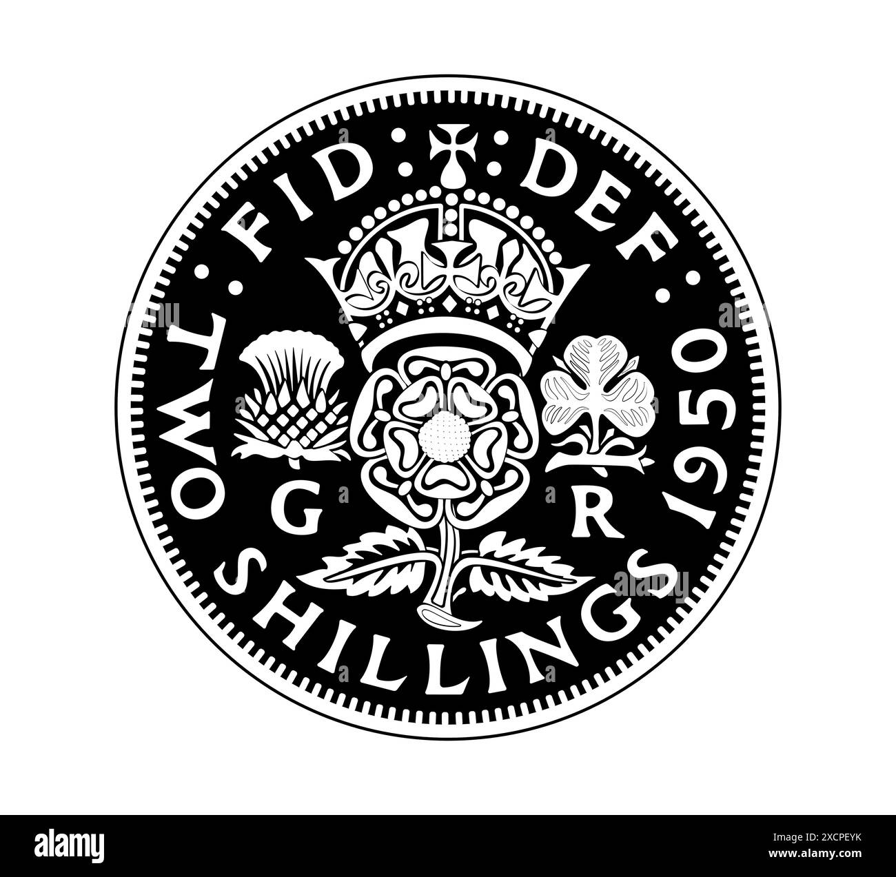 Due scellini, il fiorino di re Giorgio vi con rosa coronata, cardo e scoglio, Rosa Tudor - emblema dell'Inghilterra. La moneta è raffigurata in bianco e nero. Illustrazione Vettoriale