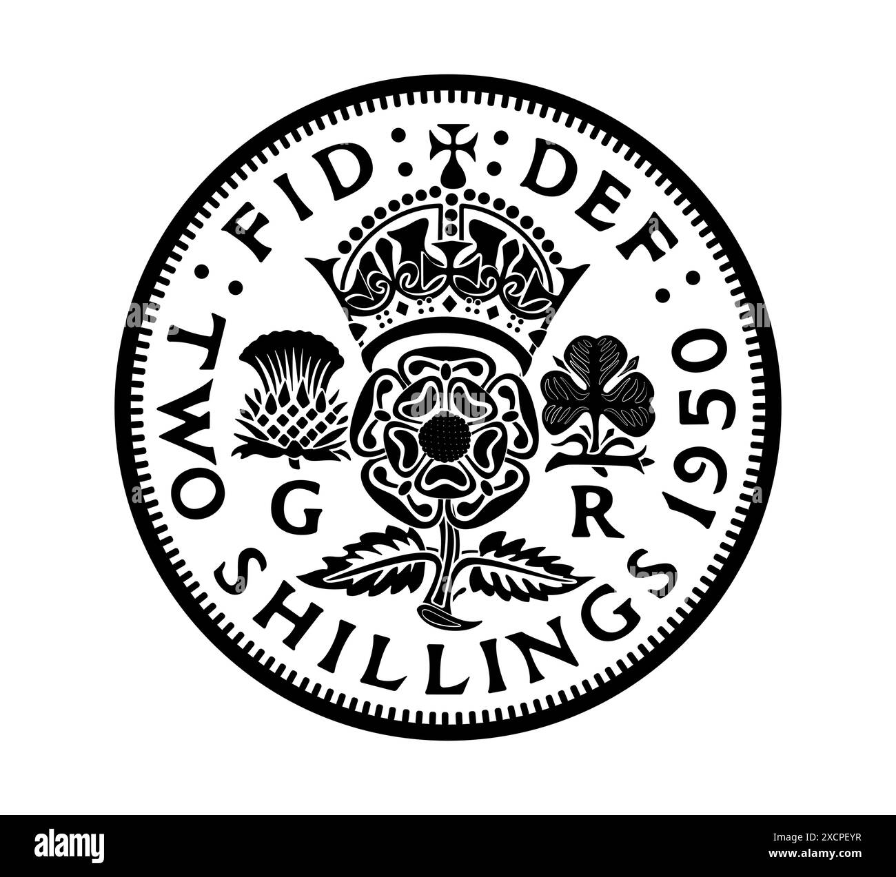 Due scellini, il fiorino di re Giorgio vi con rosa coronata, cardo e scoglio, Rosa Tudor - emblema dell'Inghilterra. La moneta è raffigurata in bianco e nero. Illustrazione Vettoriale